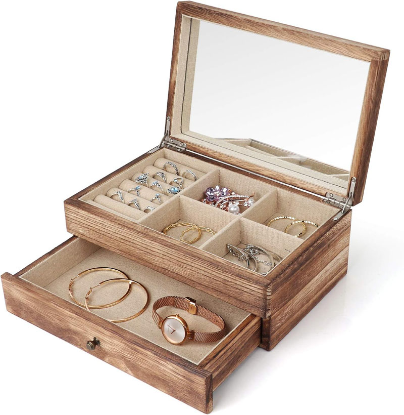 Jewelry Gift Storage Case With Mirror & Ring Tray For Necklace Wooden Jewelry Box